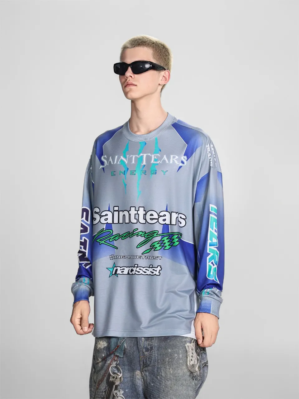 Saint michael tears all-over printed long-sleeved vintage autumn and winter T-shirt Style number: 116 Size: M L XL Wholesale price: 136 Color: blue yellow